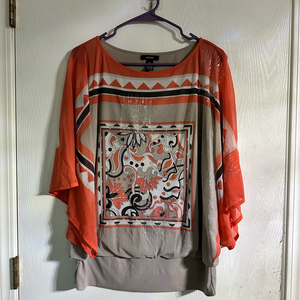 Alfani Gray and Orange Blouse with Graphic Design